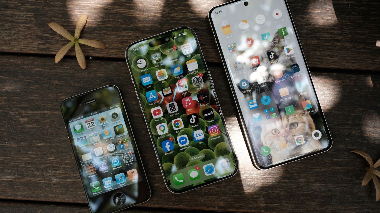 Three smartphones of different sizes side by side — refurbished vs new, K2J Tech