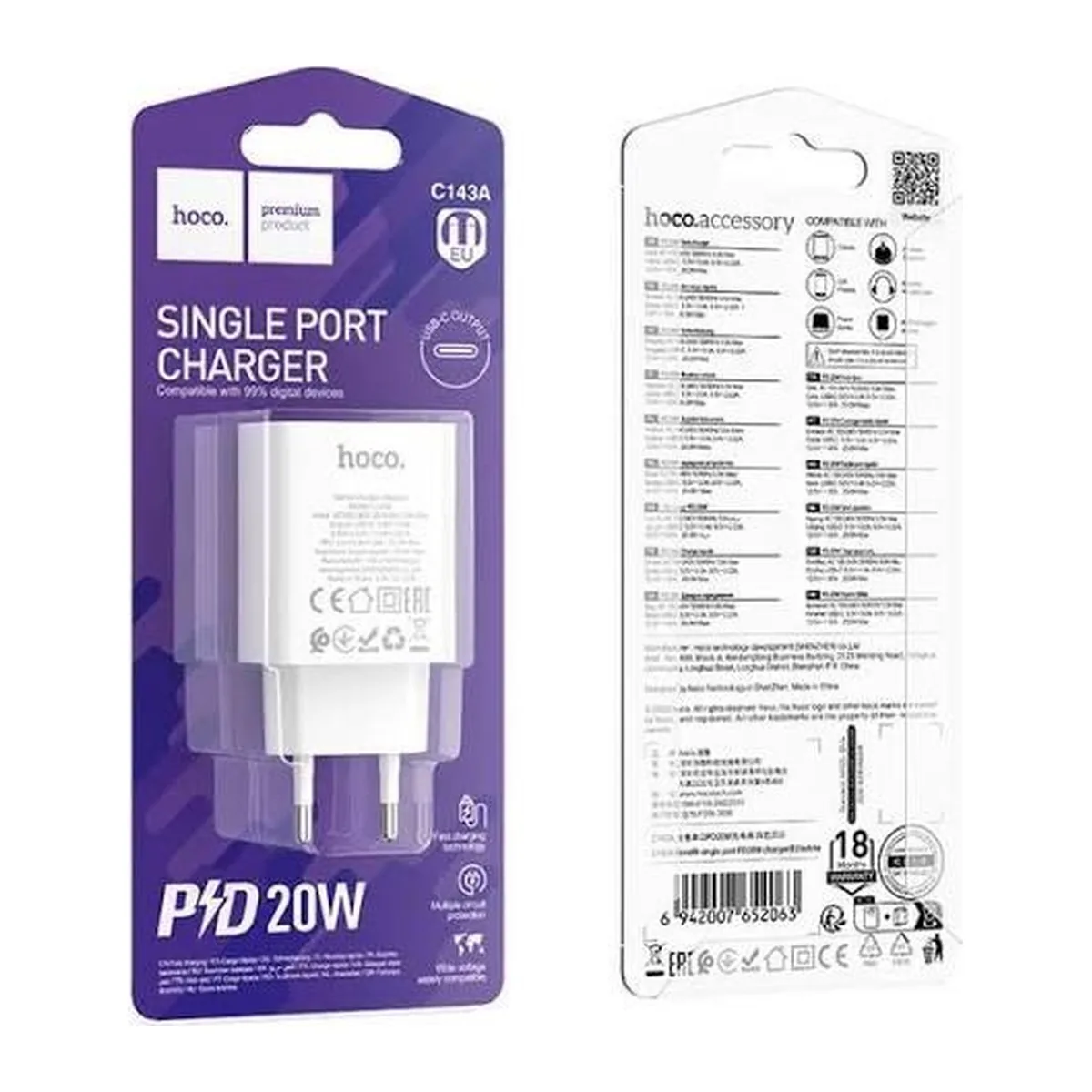 Karikues Hoco C143A 20W me një port USB-C