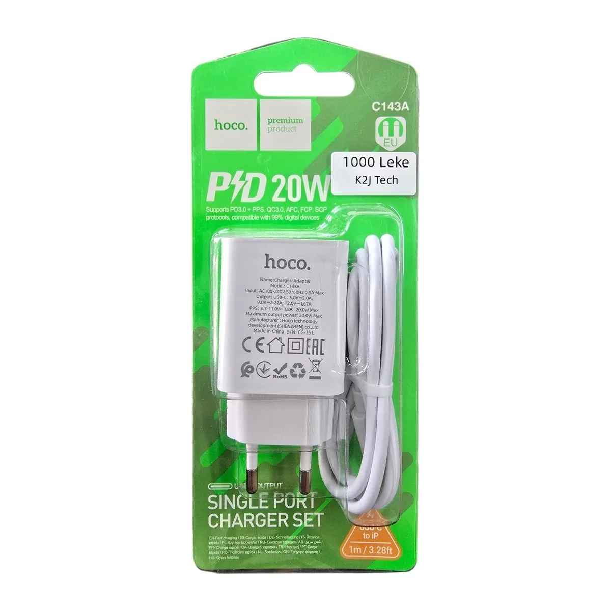 Hoco C143A 20W iPhone Charger with USB-C to Lightning Cable