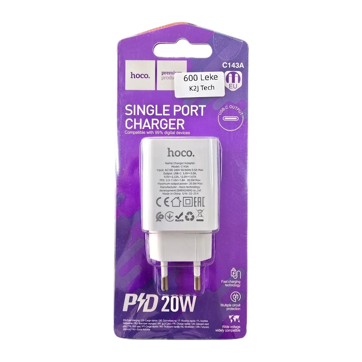 Hoco C143A 20W Charger, Single USB-C Port
