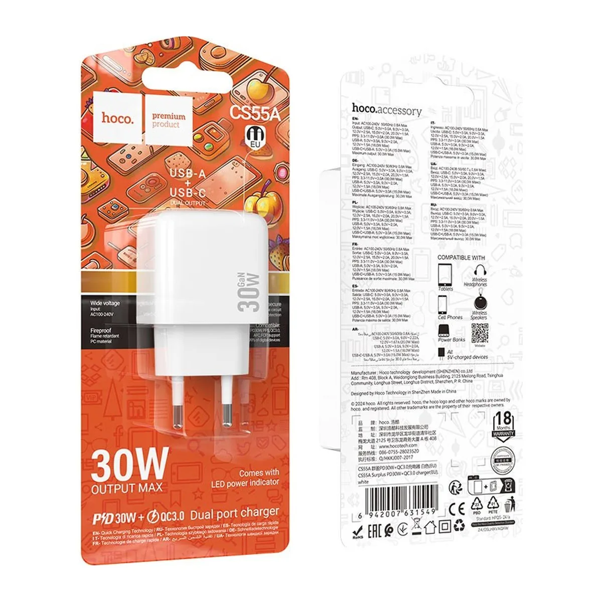 Karikues Hoco CS55A 30W me dy porta (USB-A + USB-C)