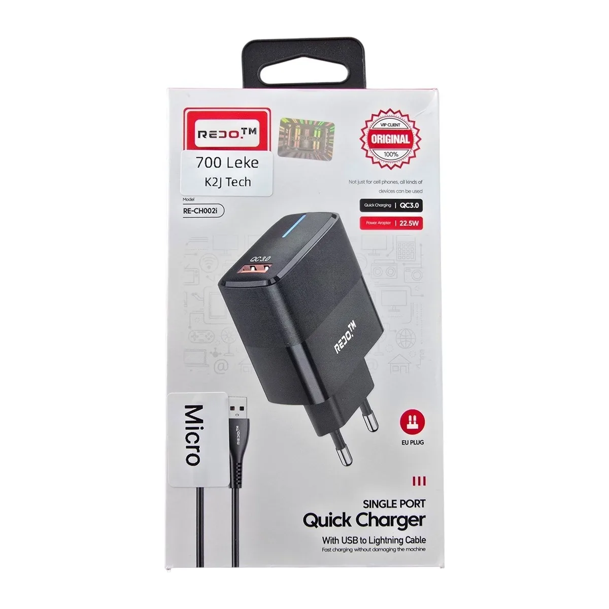 Caricatore Redo RE-CH002i 22.5W QC3.0 con cavo USB-Lightning