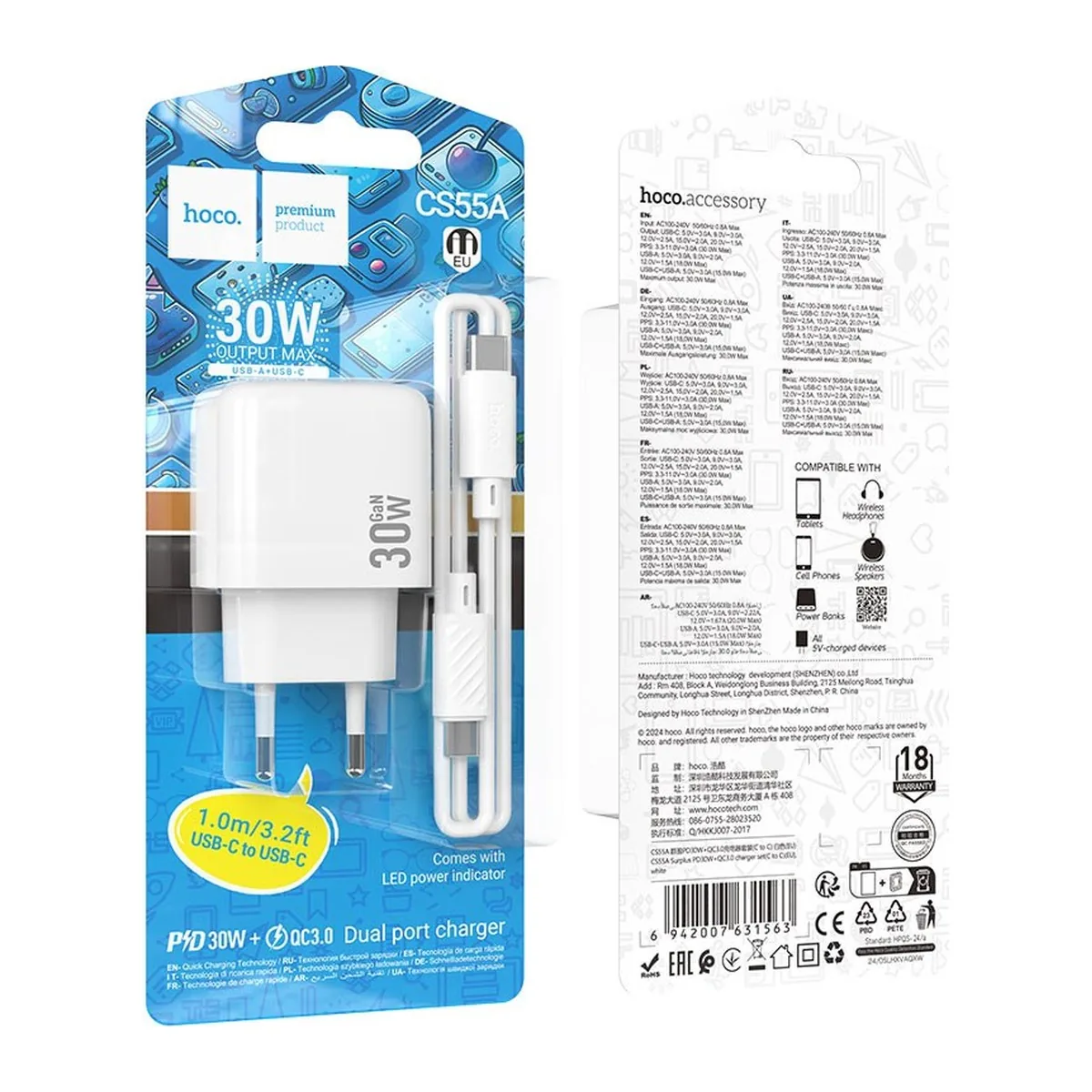 Karikues Hoco CS55A 30W me kabllo USB-C në USB-C