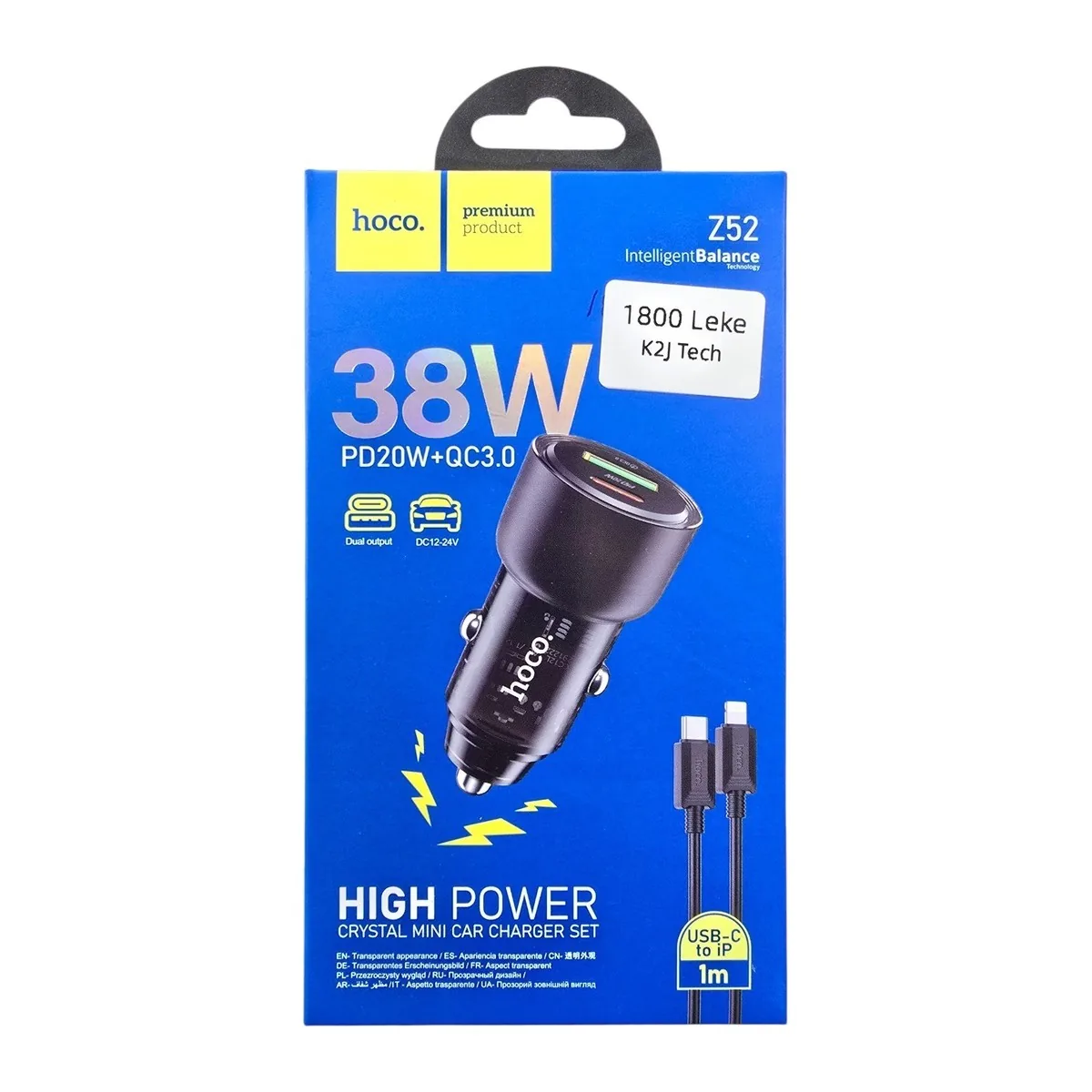 Caricatore auto Hoco Z52 38W PD20W+QC3.0 con cavo USB-C Lightning