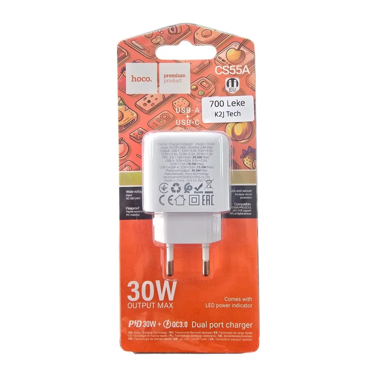 Hoco CS55A Charger 30W Dual Port (USB-A + USB-C)